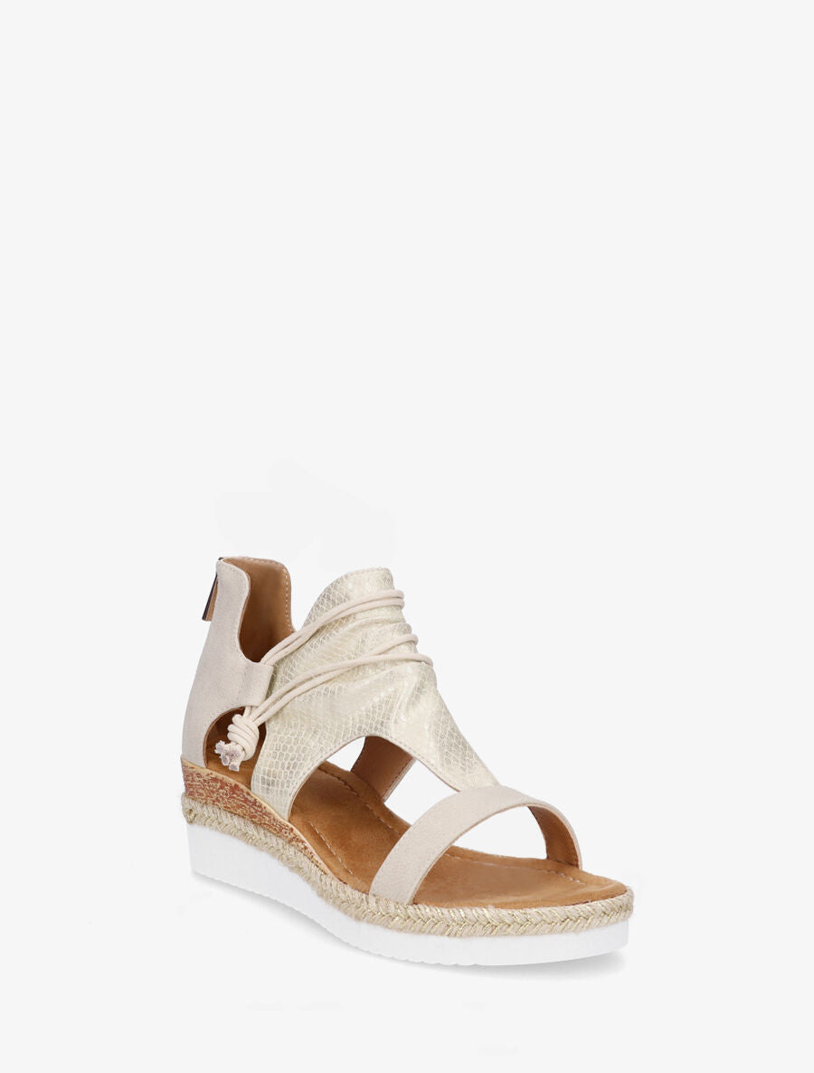 Sandales compensées effet python à liens - Beige - 2