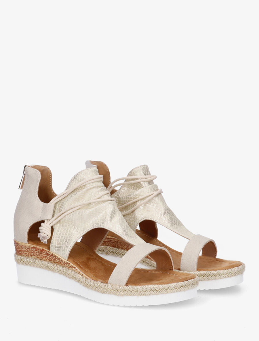 Sandales compensées effet python à liens - Beige - 4