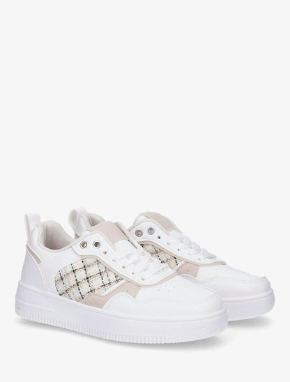 Sneakers en simili à quartier effet tweed - Blanc - 4
