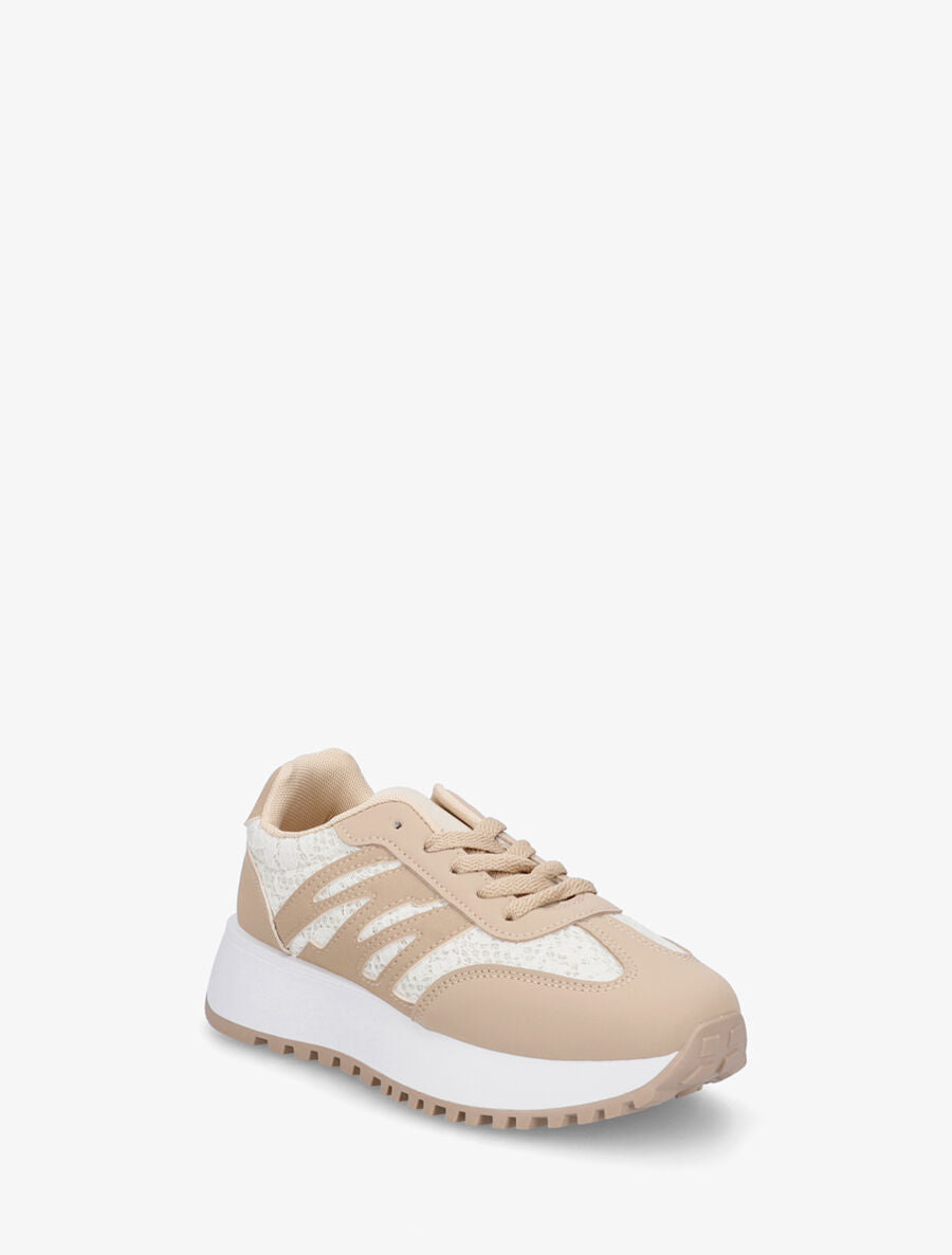 Baskets en simili et dentelle - Beige foncé - 2
