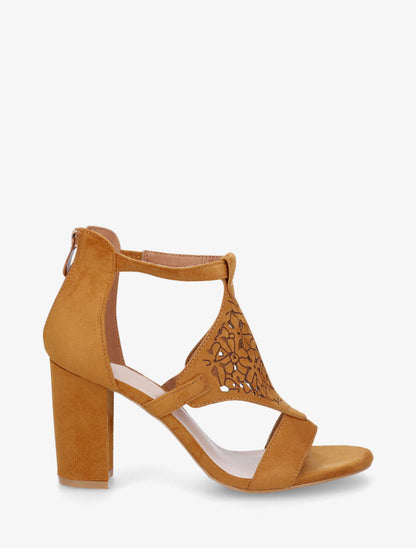 Sandales en suédine à claque piquetée motif fleuri - Camel - 5