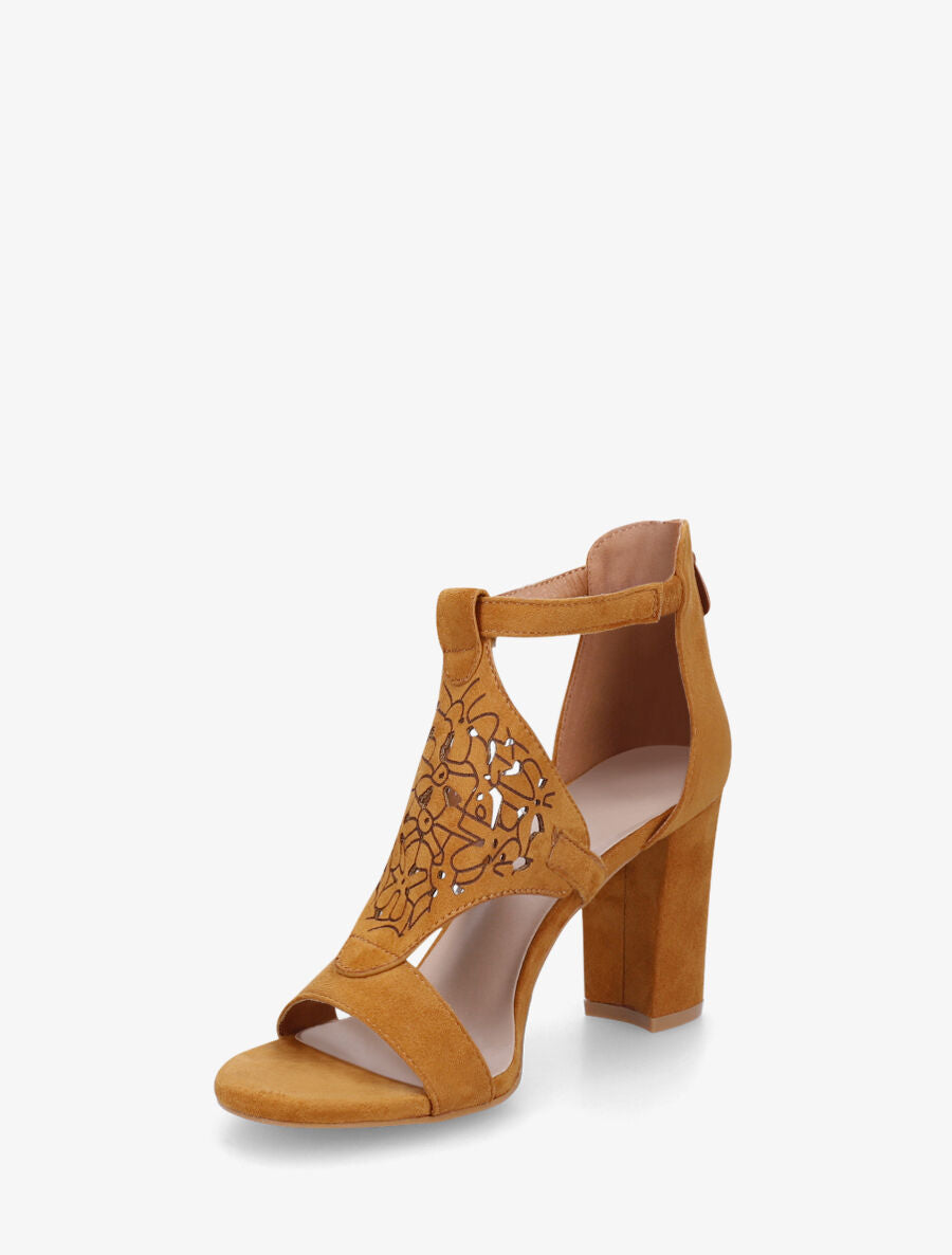 Sandales en suédine à claque piquetée motif fleuri - Camel - 3