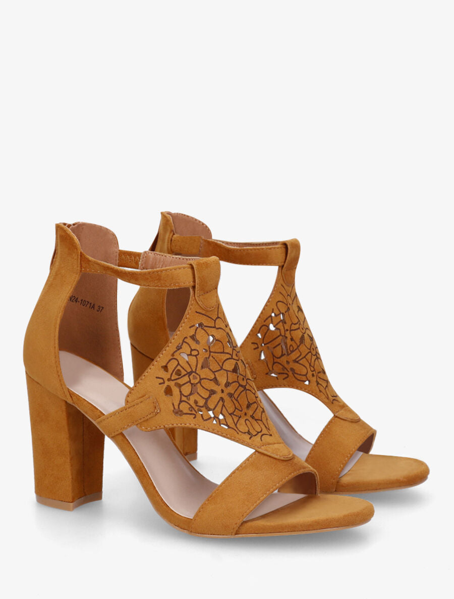 Sandales en suédine à claque piquetée motif fleuri - Camel - 4