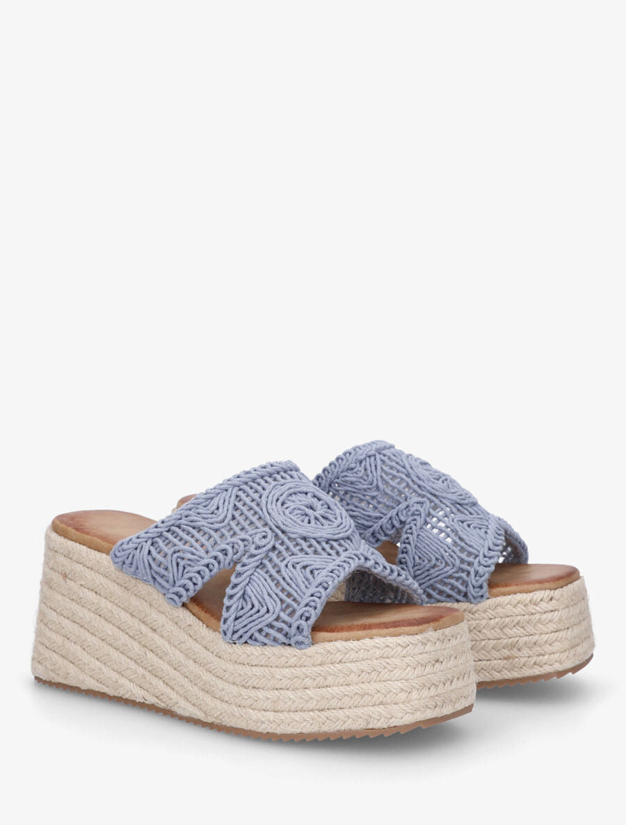 Mules style macramé à talon compensé - Bleu clair - 4