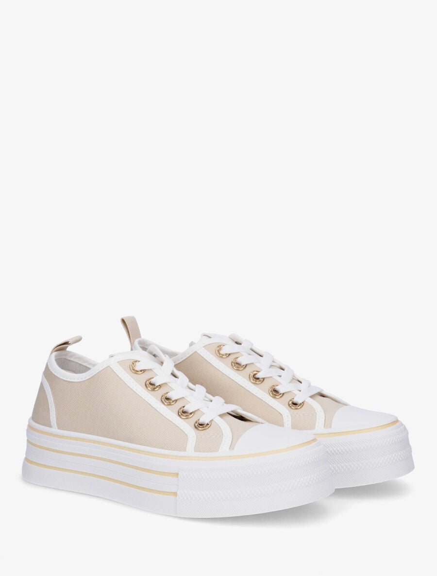 Sneakers à plateforme et œillets strassés - Beige - 4