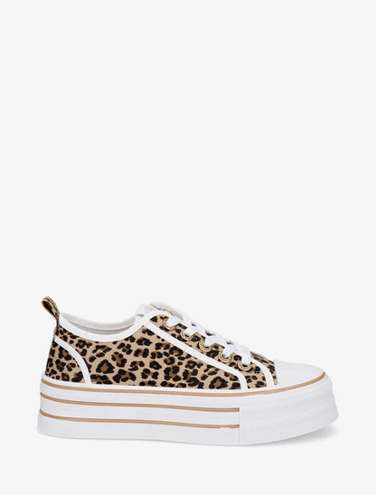 Sneakers léopard à plateforme et œillets strassés - Camel - 5