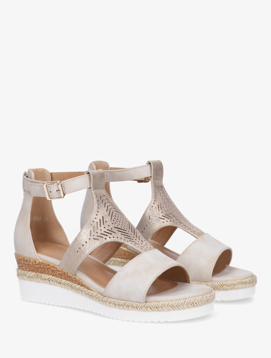 Sandales compensées à ganse irisée ajourée - Beige - 4