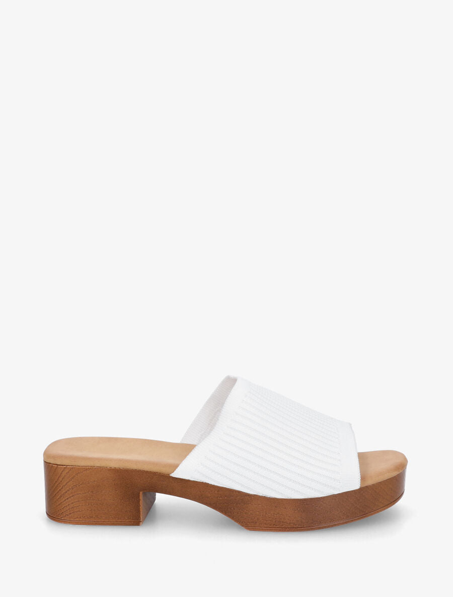 Mules à ganse en maille et talon effet bois - Blanc - 1
