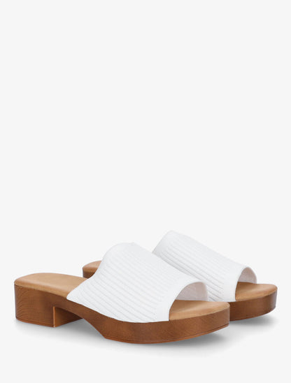 Mules à ganse en maille et talon effet bois - Blanc - 4
