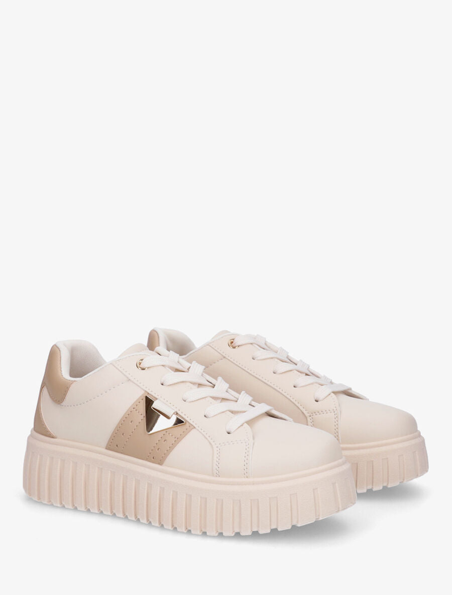 Sneakers à plateforme striée en simili - Beige - 4