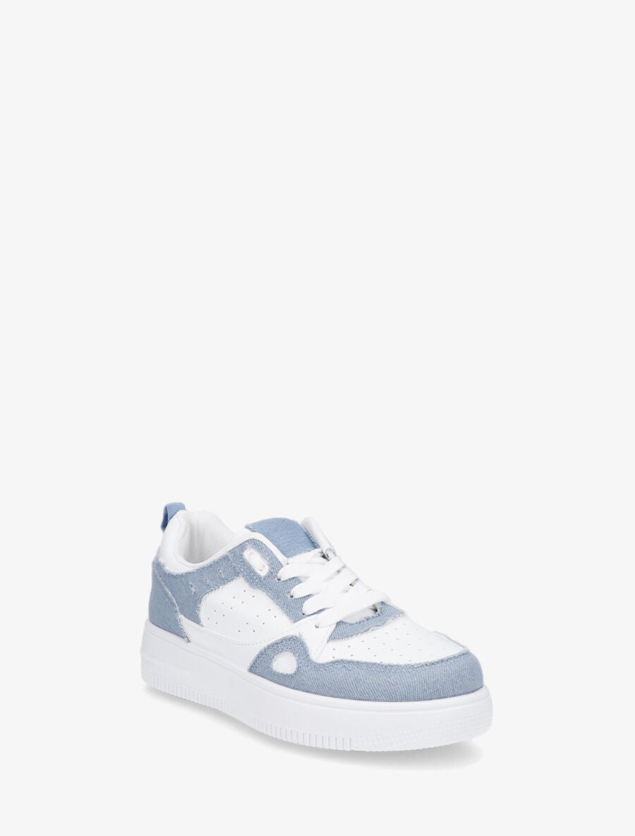 Baskets bicolore en simili et tissu - Bleu denim - 2