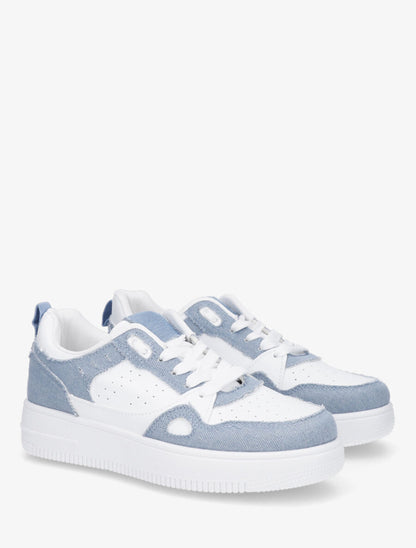 Baskets bicolore en simili et tissu - Bleu denim - 4
