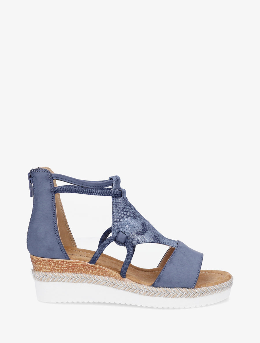 Keilsandalen mit Riemen im schimmernden Python-Druck. - Marine