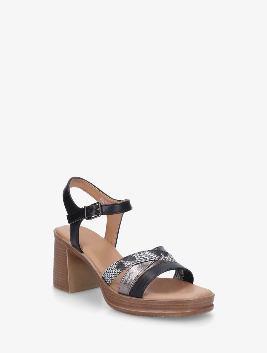 Sandales à talon et brides fantaisies python - Noir - 2