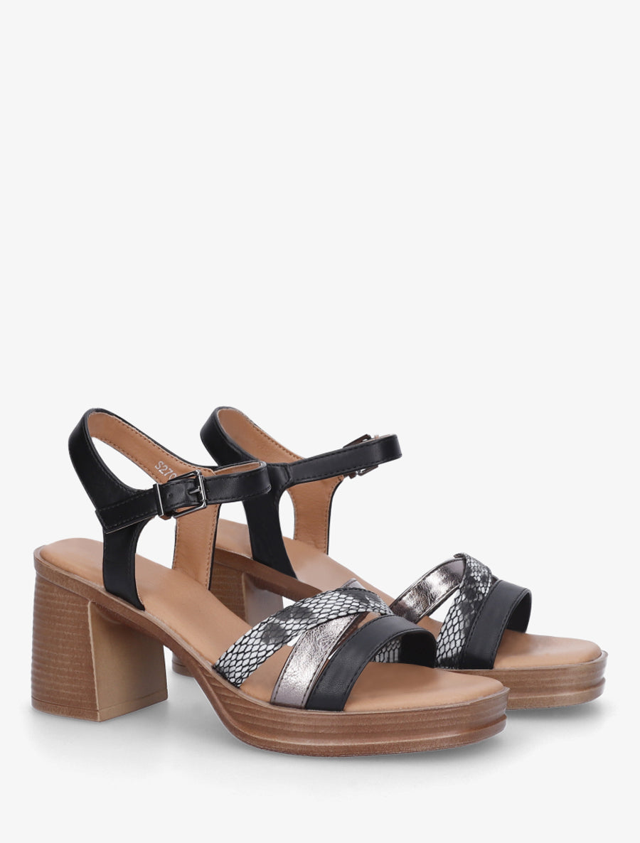 Sandales à talon et brides fantaisies python - Noir - 4