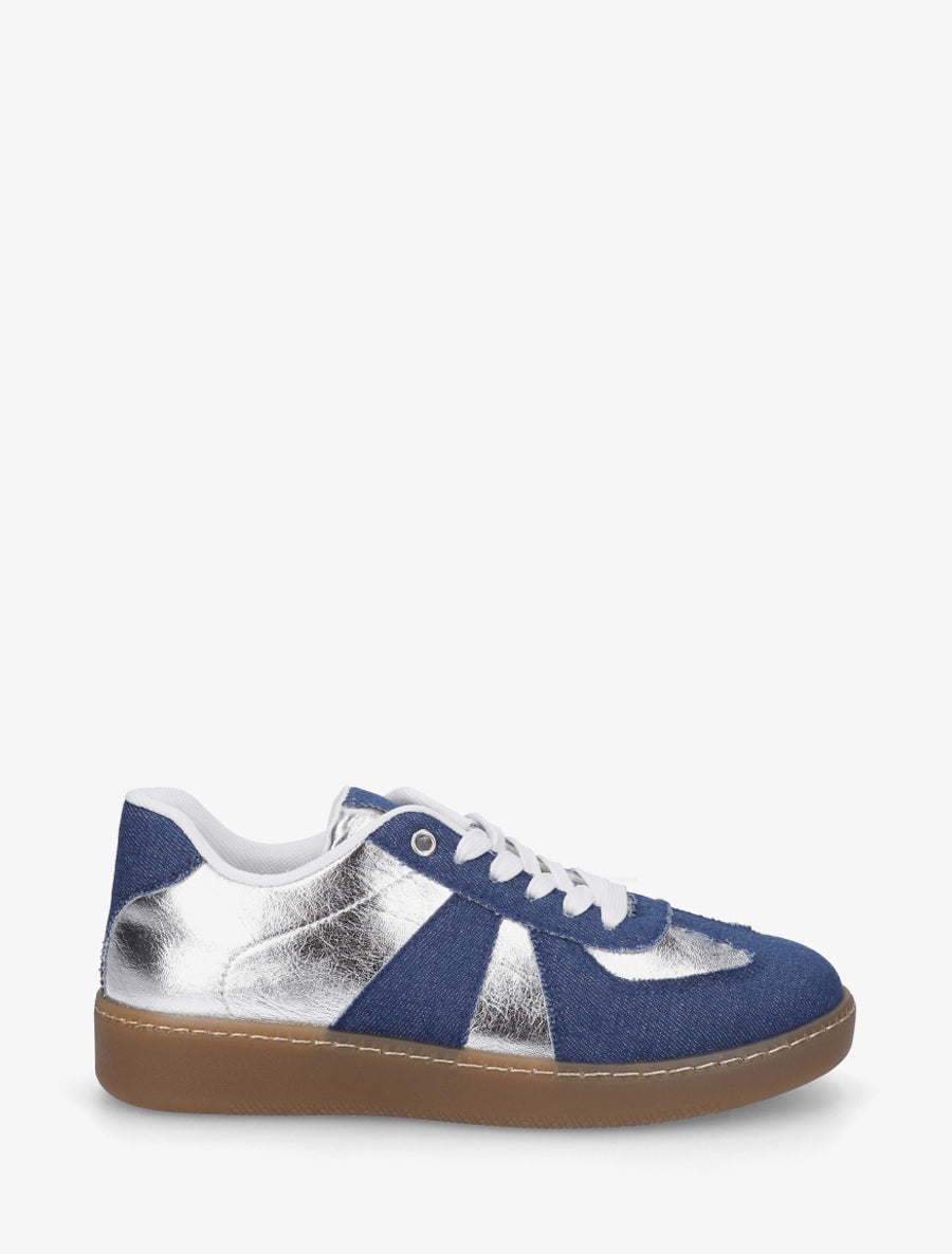 Baskets bi-matière à bout rond - Bleu denim/argent - 1