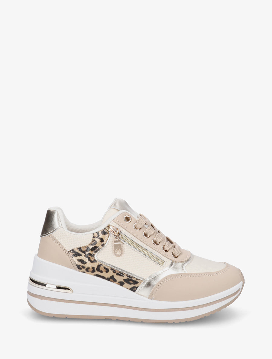 Baskets à plateforme et zip avec empiècement léopard - Beige - 1