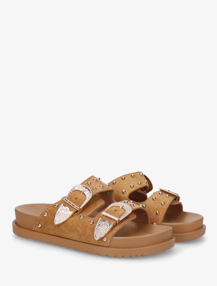 Claquettes cloutées en suédine - Camel - 4