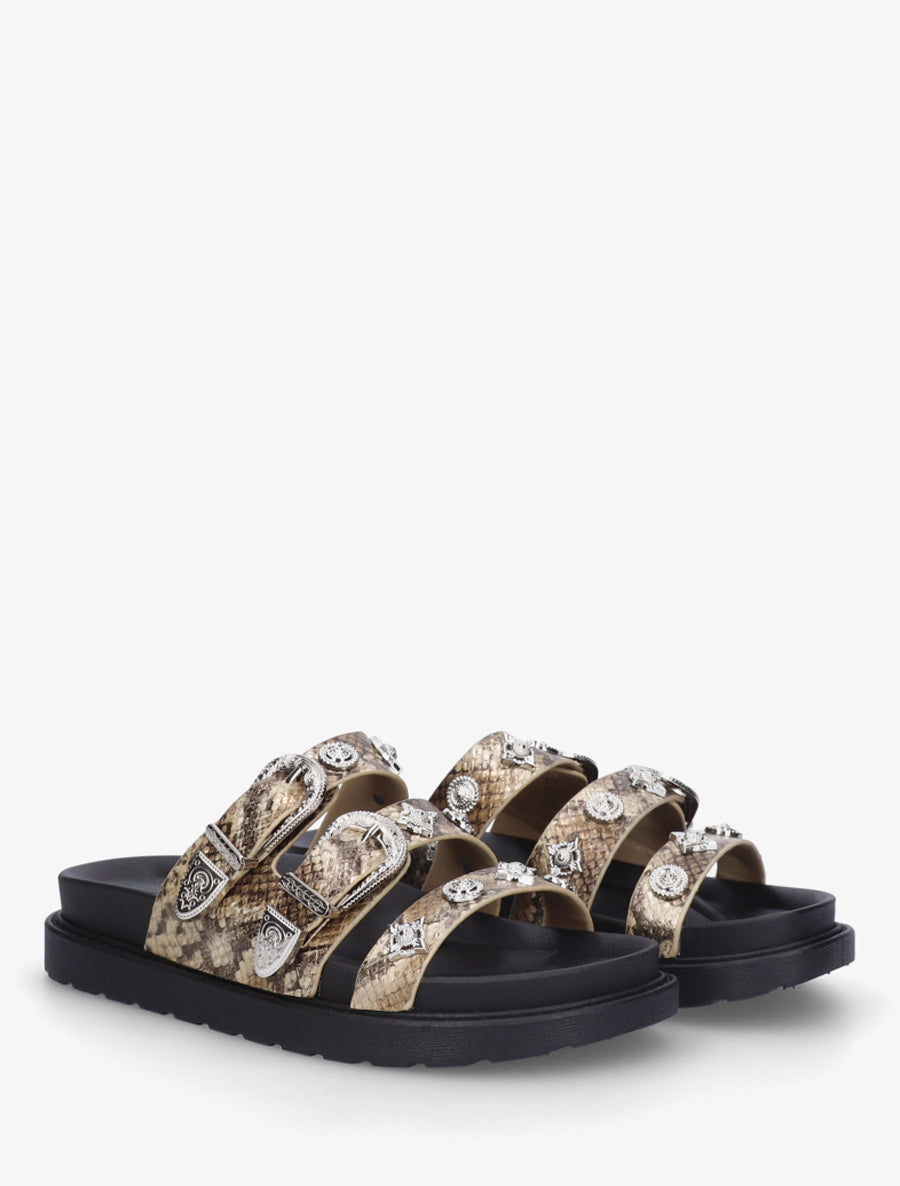 Claquettes à triple brides et empiècement bijoux argentés - Taupe - 4