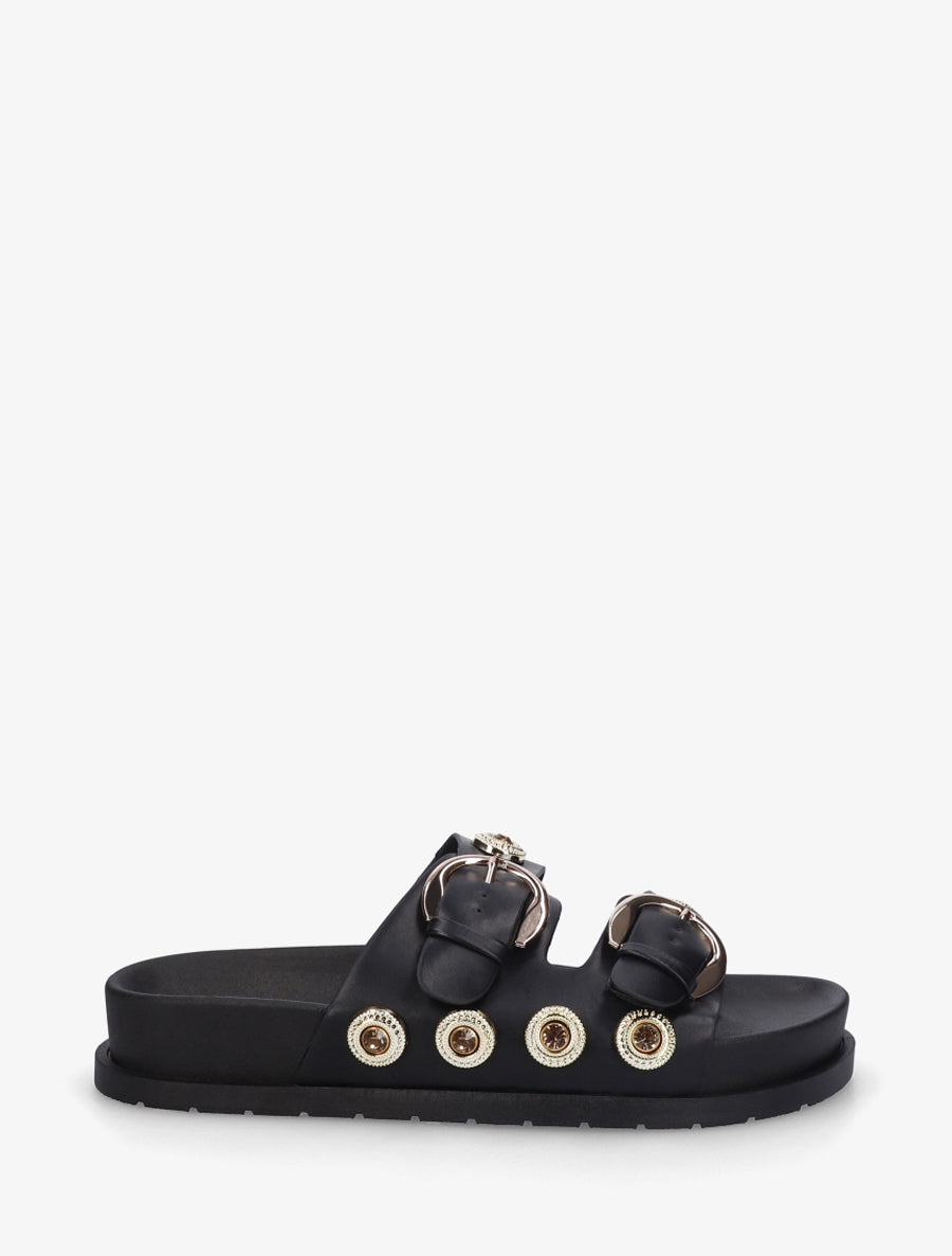 Claquettes en simili à empiècement bijoux strassés - Noir - 1