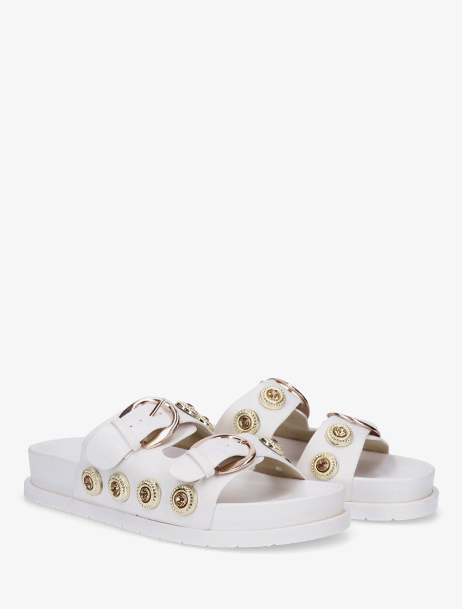 Claquettes en simili à empiècement bijoux strassés - Blanc - 4