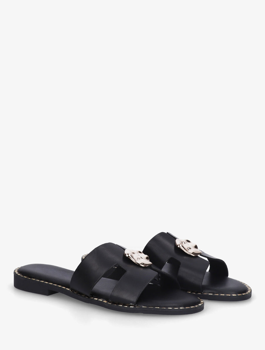 Claquettes en simili à empiècement bijou - Noir - 4
