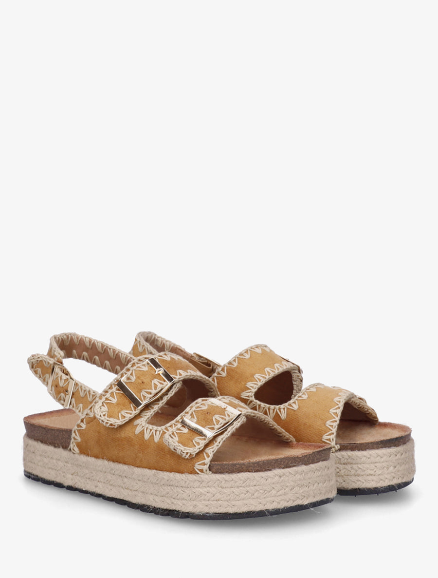 Claquettes à triple brides à plateforme en raphia - Camel - 4