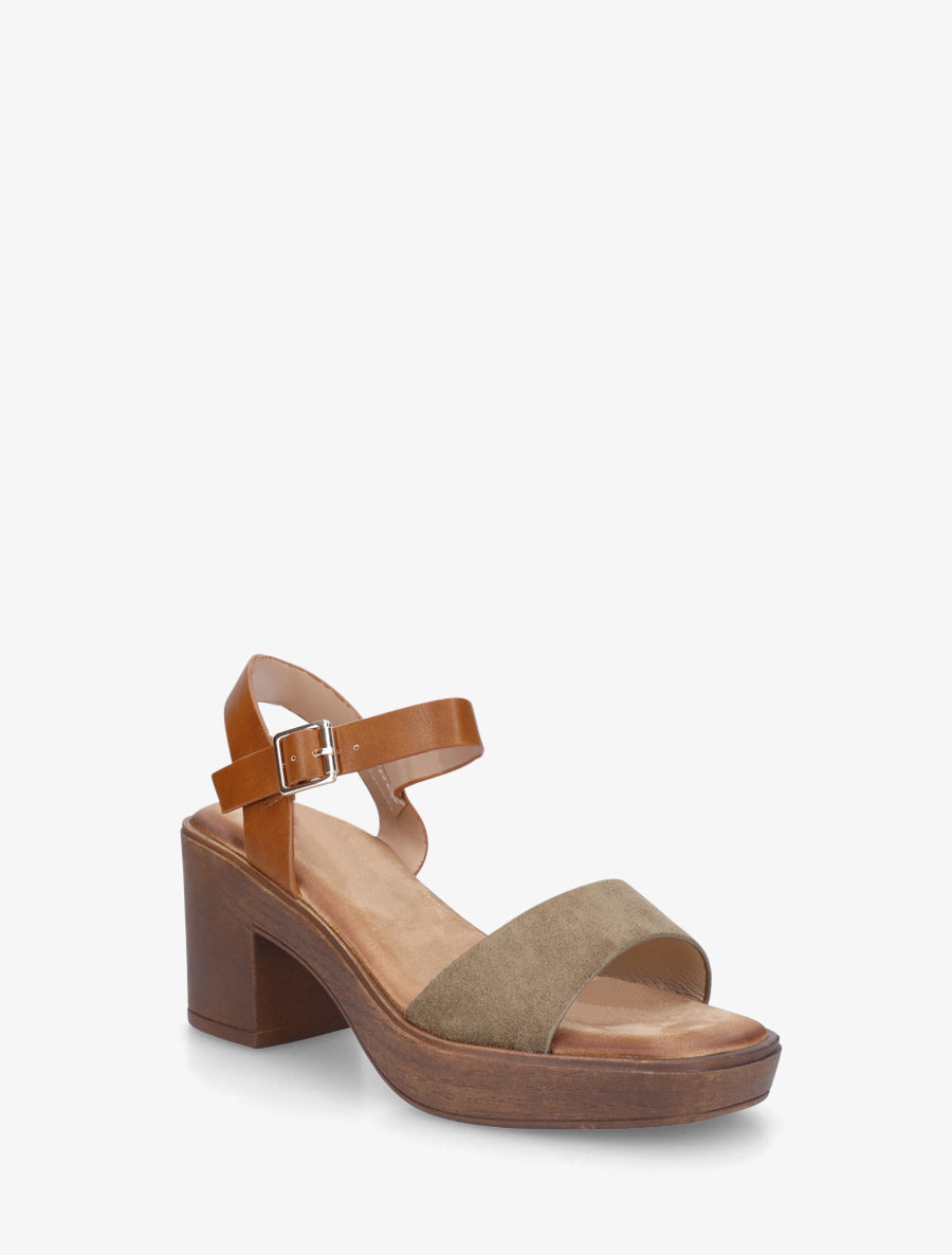 Sandales bi-matière à talon carré - Kaki - 2