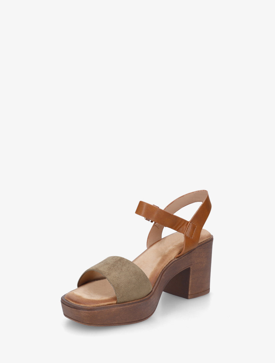 Sandales bi-matière à talon carré - Kaki - 3
