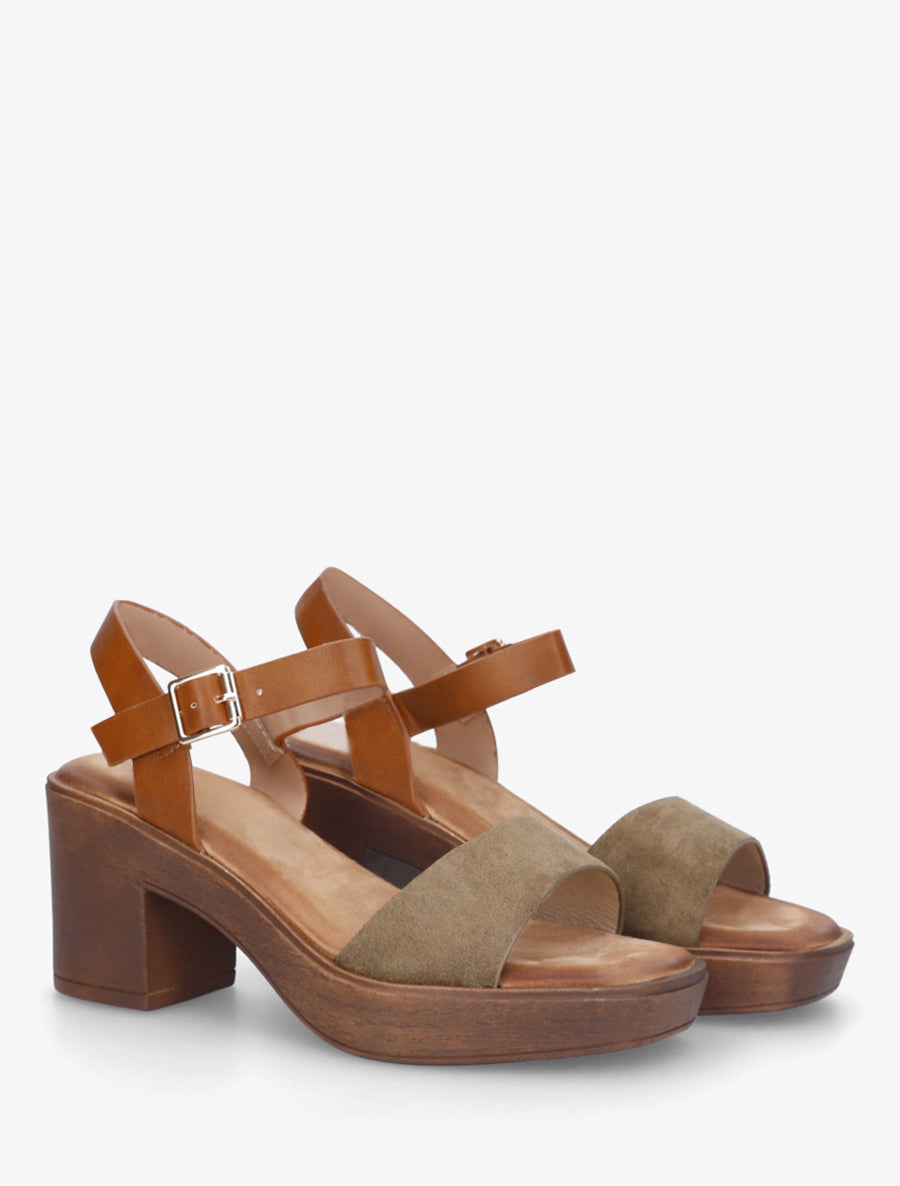 Sandales bi-matière à talon carré - Kaki - 4