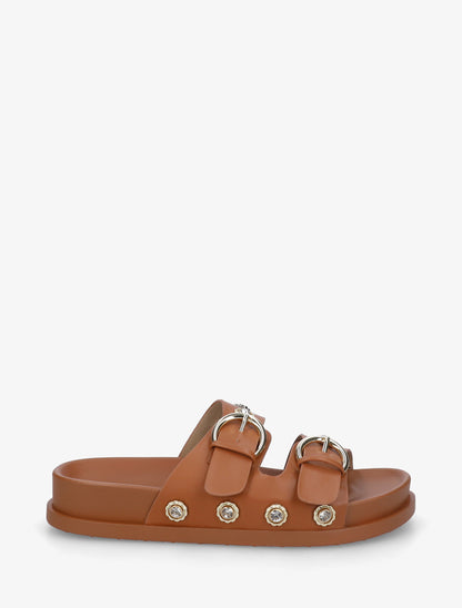 Claquettes en simili à empiècement bijoux strassés - Camel - 1