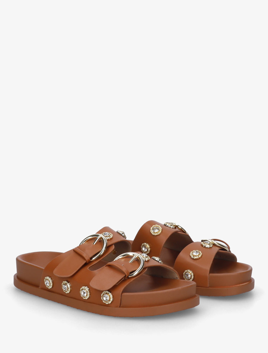 Claquettes en simili à empiècement bijoux strassés - Camel - 4