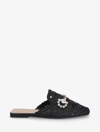 Mules en raphia à bijoux strassés - Noir - 1
