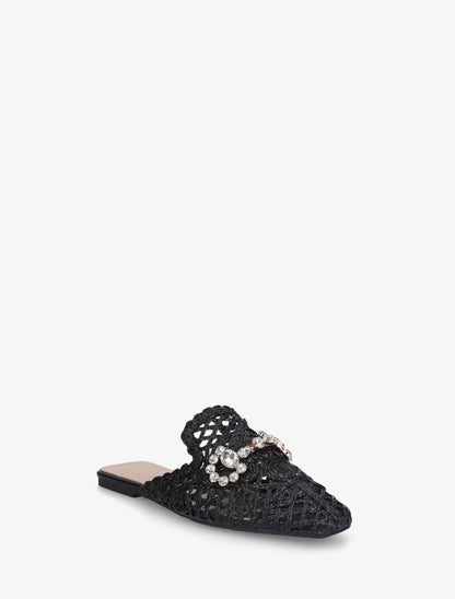 Mules en raphia à bijoux strassés - Noir - 2