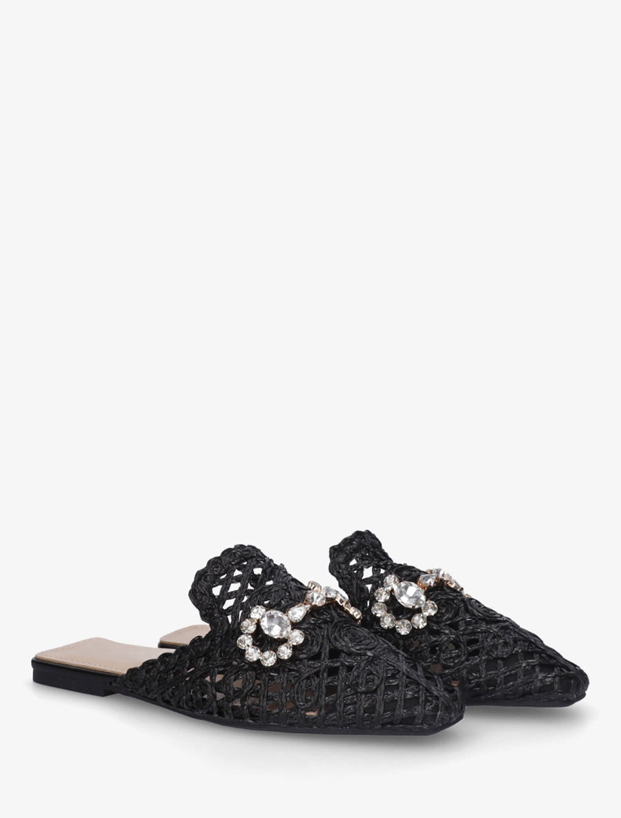 Mules en raphia à bijoux strassés - Noir - 4