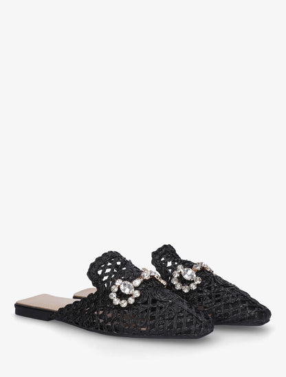 Mules en raphia à bijoux strassés - Noir - 4