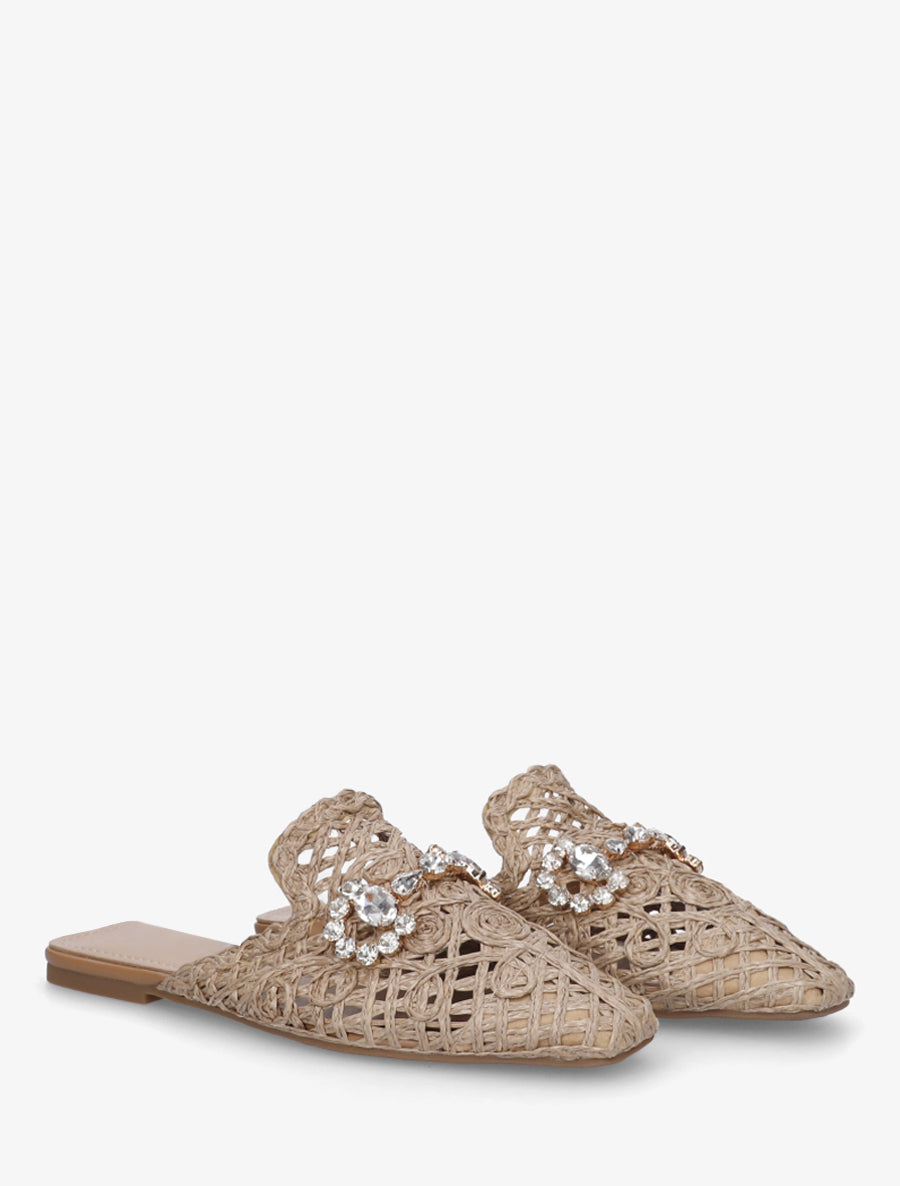Mules en raphia à bijoux strassés - Taupe - 4