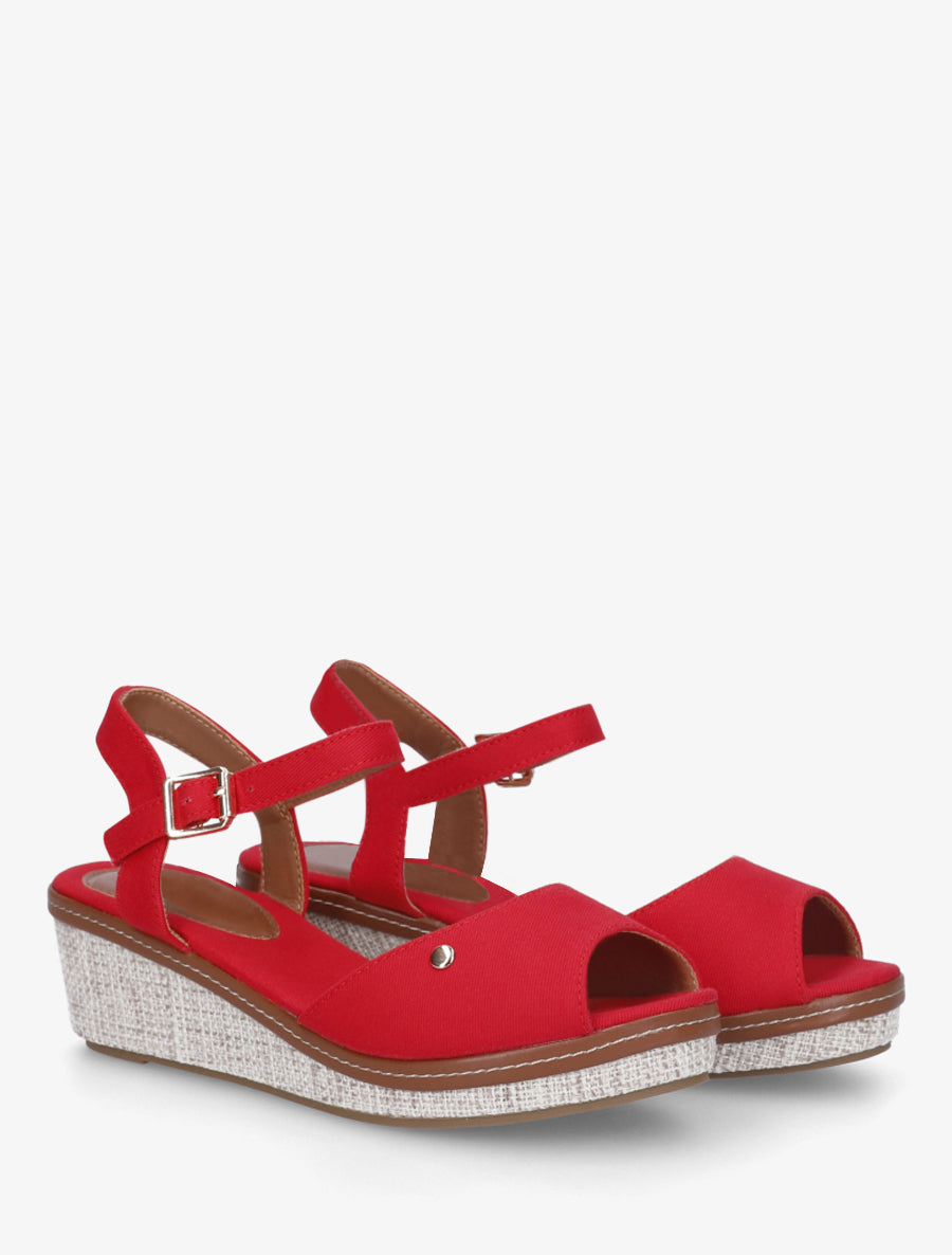 Sandales compensées en tissu - Rouge - 4