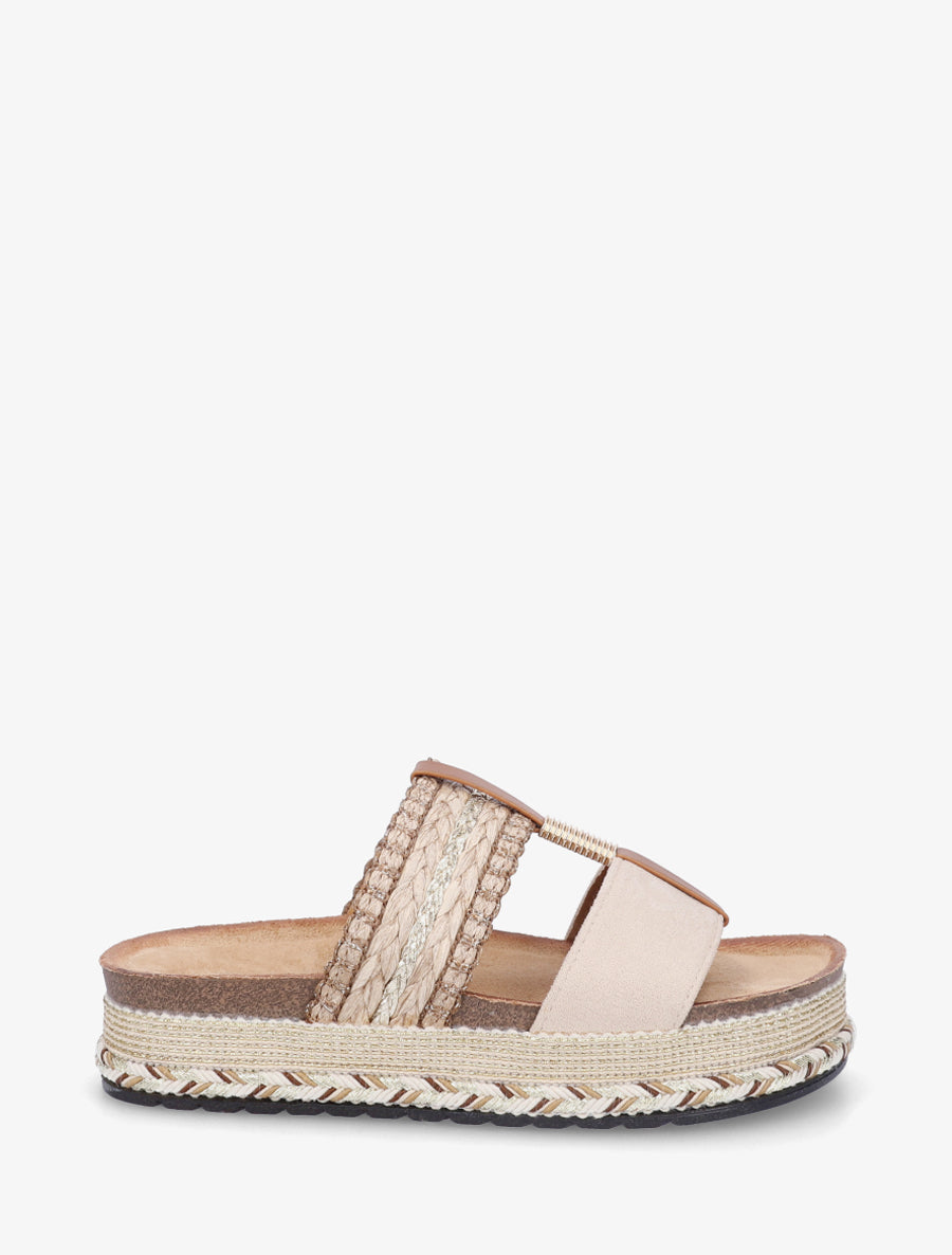 Mules fantaisies en raphia et suédine - Beige - 1