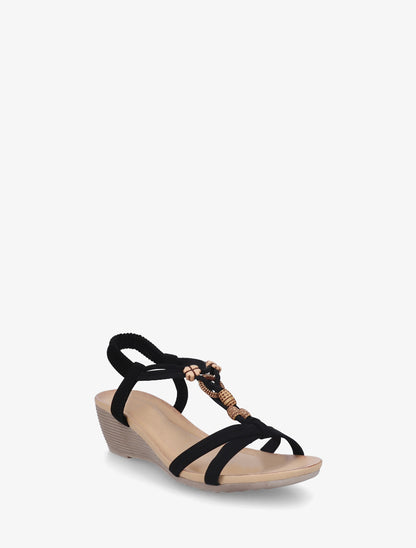 Sandales compensées à perles et bride en T croisée - Noir - 2