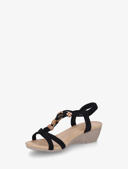 Sandales compensées à perles et bride en T croisée - Noir - 3