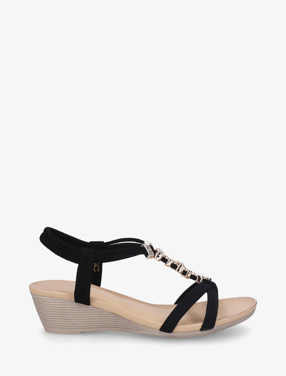 Sandales compensées à empiècement bijoux strassés - Noir - 1
