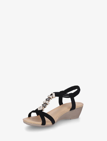 Sandales compensées à empiècement bijoux strassés - Noir - 3