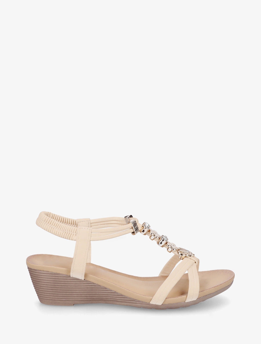 Sandales compensées à empiècement bijoux strassés - Beige - 1