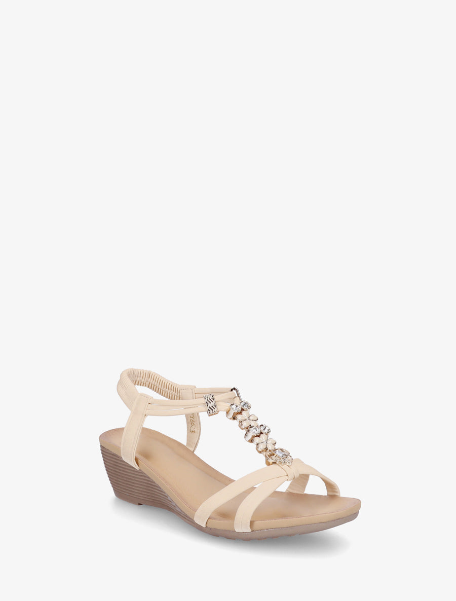 Sandales compensées à empiècement bijoux strassés - Beige - 2