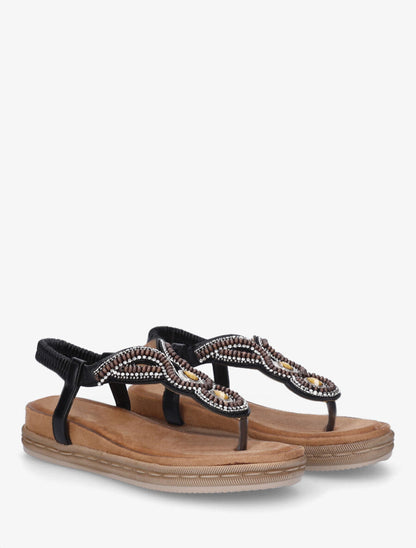 Nu-pieds à entredoigt et empiècement strass et perles - Noir - 4