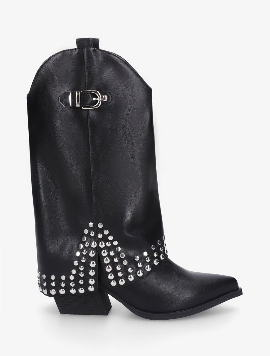 Bottines style santiags à revers - Noir - 1
