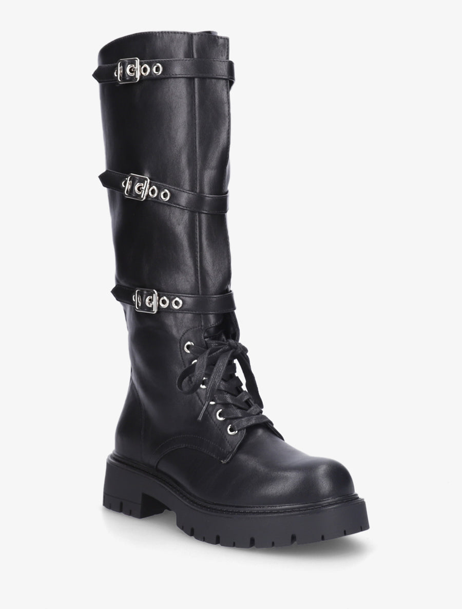 Bottes en simili à boucles et lacets - Noir - 2