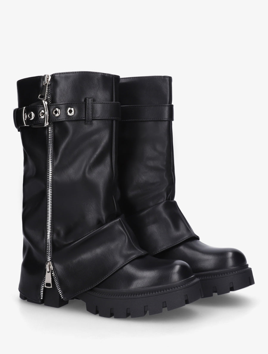 Bottines à revers et zip décoratif en simili - Noir - 4