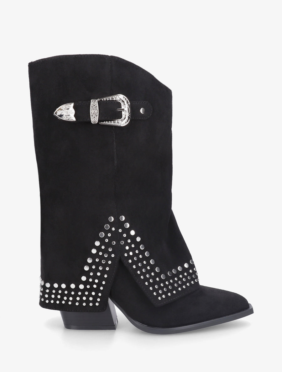 Bottines à revers cloutées en suédine - Noir - 1